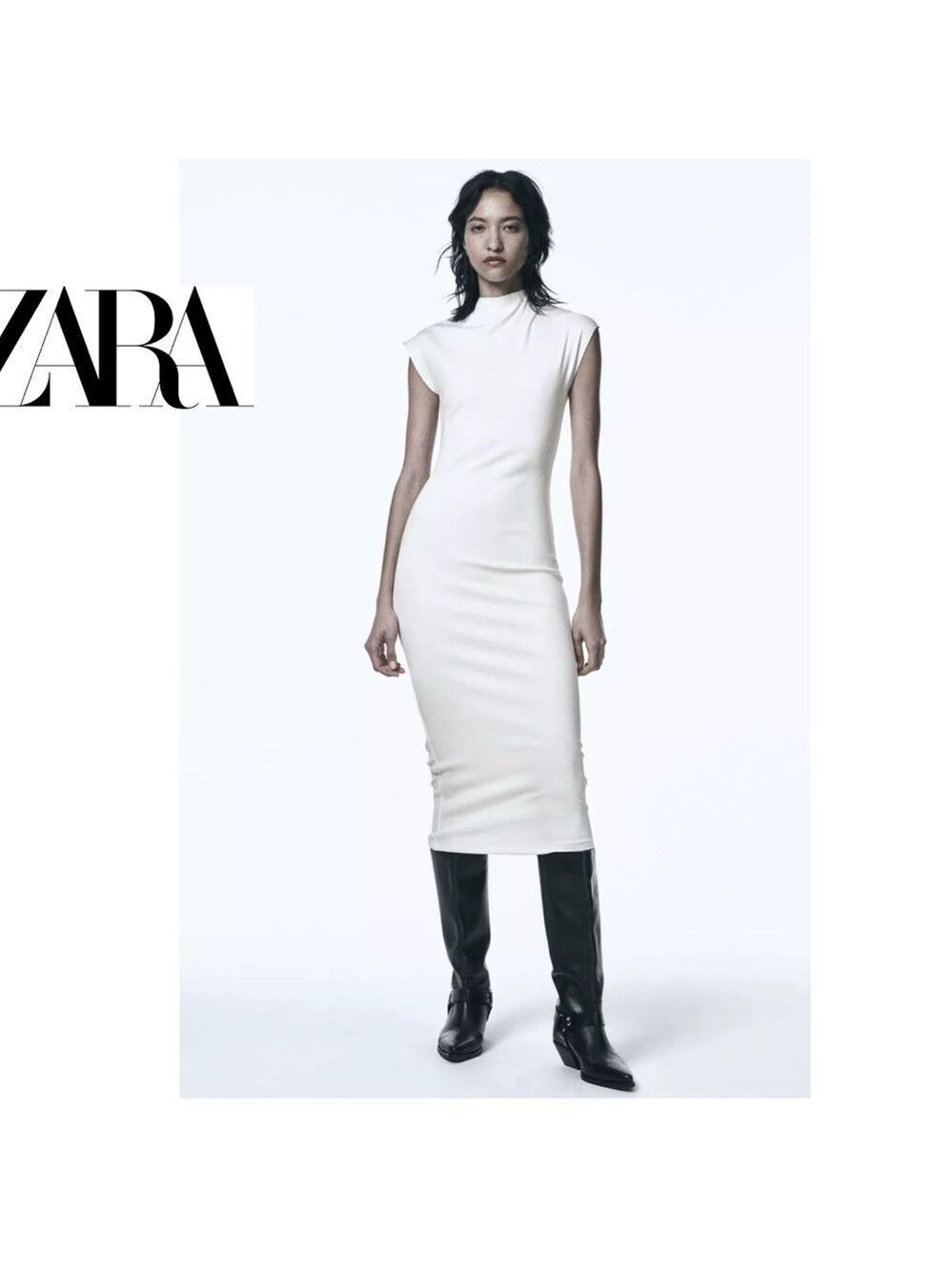 Zara White ribbed short sleeve mock neck Bodycon soft stretch midi dress M NWOT